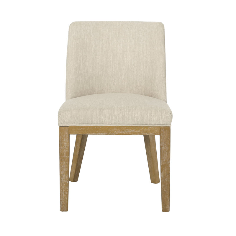 Set of two Noble House modern dining chairs with durable fabric upholstery and sturdy wooden frames, shown from a side angle.