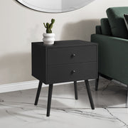 Black 8th Street accent table with storage drawers, showcasing a sleek surface and functional design for living space decor.