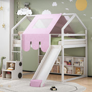 DreamHaus loft bed with house-shaped frame and tent, featuring a cozy sleeping area and playful design for kids' bedroom decor.