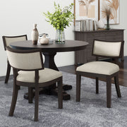 Noble House farmhouse style fabric upholstered side dining chairs set, natural wood finish and cushioned seats for comfortable dining.