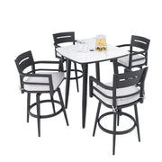 Modern Outdoor Patio Bar Set, Rounded Square Table & Bar Chairs, Non Rust Frame, Tapered Legs, Sunbrella Cushion - R&R Furniture Gallery (Fountain Valley, CA)