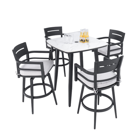 Modern outdoor patio bar set by Life Outside with rounded square table, four bar chairs, non-rust frame, tapered legs, Sunbrella cushions.