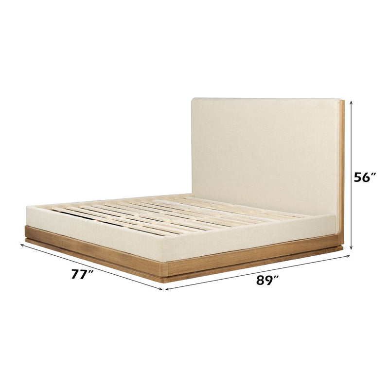 ACME Zoey upholstered bed with a padded headboard and fabric-covered frame, showcasing a stylish and comfortable bedroom centerpiece.