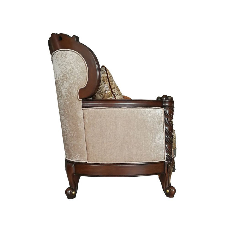 Devayne - Loveseat With 4 Pillows (Same Lv01583) - Pattern Fabric & Dark Walnut - R&R Furniture Gallery (Fountain Valley, CA)