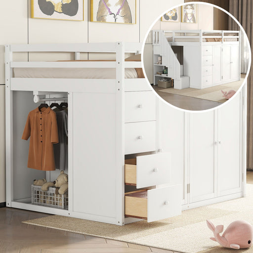 DreamHaus loft bed with built-in wardrobes, cabinets, and drawers, showcasing the multi-functional design and sturdy wooden frame.