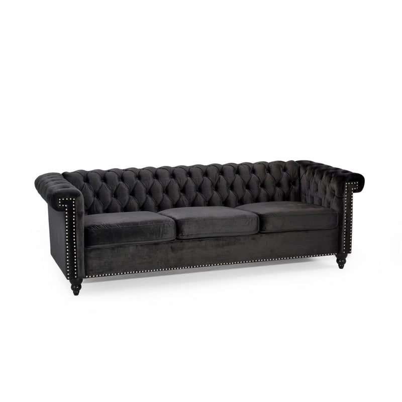 Noble House Chesterfield style 3-seater sofa with deep button tufting and elegant rolled arms, stationary design in a luxurious upholstery.