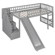 DreamHaus loft stairway bed with two drawers, convertible ladder, and slide, showcasing a modern wooden design and compact space-saving features.