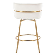 Lumi Source Cinch Glam Art Deco fixed height counter stool set with swivel, round footrest, black upholstery, and gold accents.