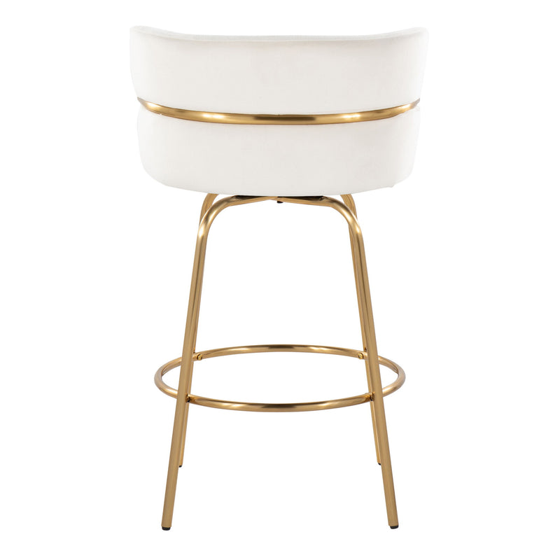Lumi Source Cinch Glam Art Deco fixed height counter stool set with swivel, round footrest, black upholstery, and gold accents.