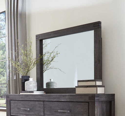 Modus Meadow solid wood mirror with beveled glass in graphite finish, showcasing a sleek standalone design and natural wood frame.