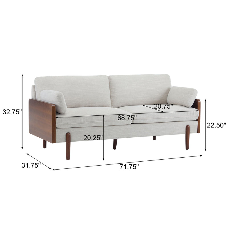 Noble House mid-century moderne stationary sofa with wood side panels and sleek design, showcasing plush upholstery and elegant style.