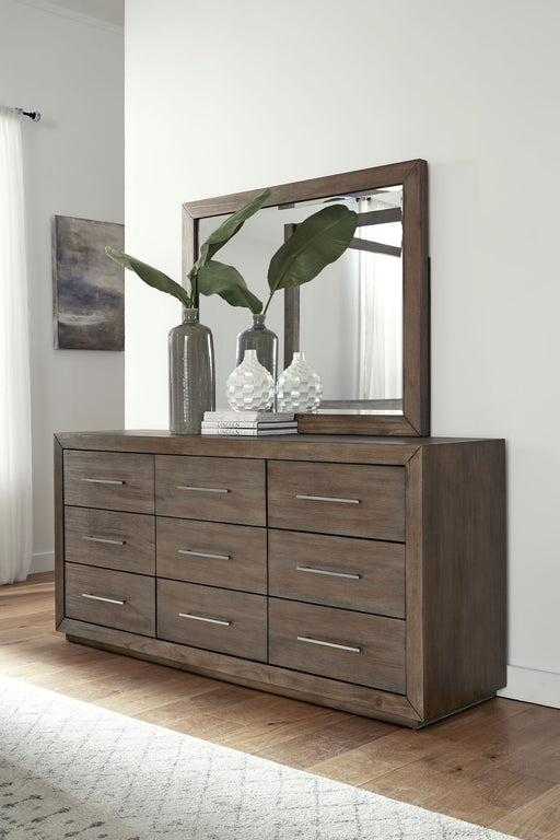 Modus Melbourne beveled glass mirror with dark pine frame, standalone design, showcasing sleek edges and modern style.