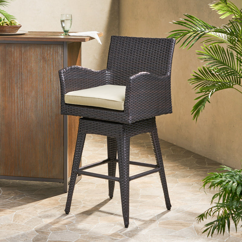 Outdoor Modern Rattan Swivel Barstool With Tapered Legs - Beige / Multibrown - R&R Furniture Gallery (Fountain Valley, CA)