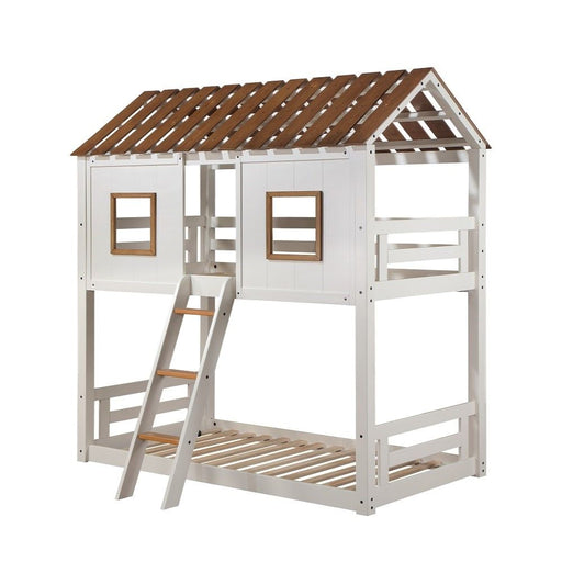 Inara - Twin Over Twin Bunk Bed - White & Rustic Oak - R&R Furniture Gallery (Fountain Valley, CA)