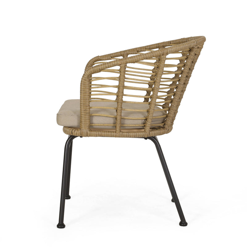 Noble House Randy modern wicker arm chair with water-resistant beige cushions, brown wicker frame, stylish outdoor seating.