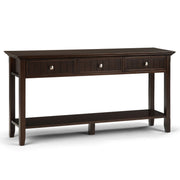 Simpli-Home Acadian wide console sofa table in brunette brown with sleek wooden finish and modern design.