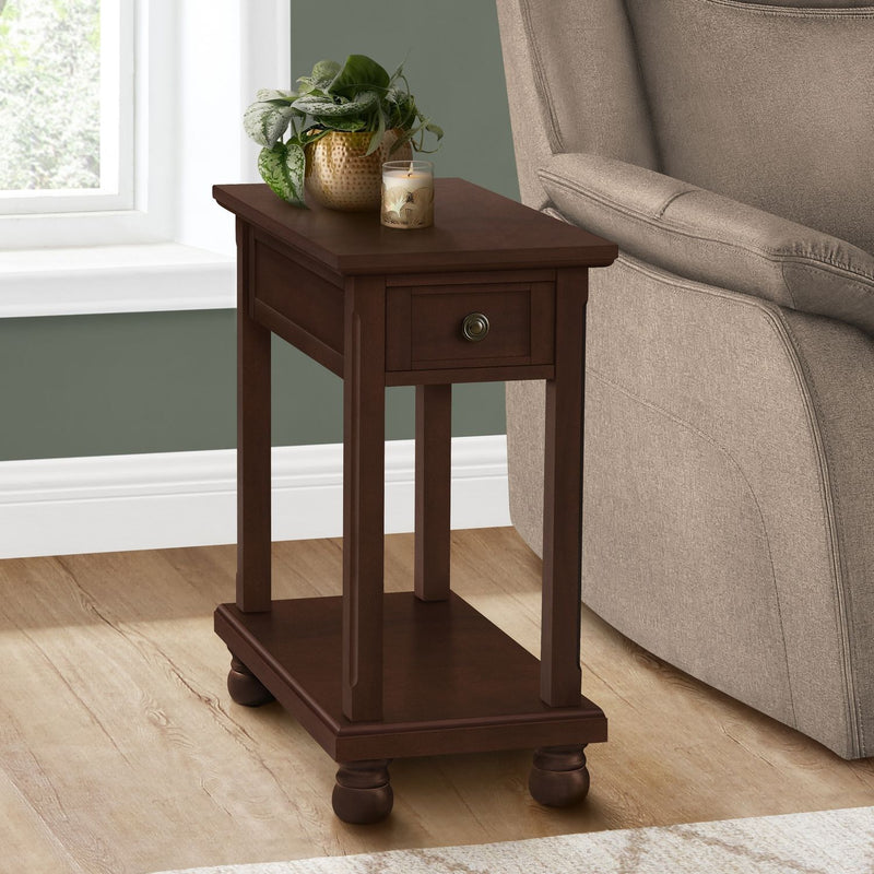 Espresso accent end table with storage drawer, traditional style, by 8th Street, featuring a wooden finish and classic design.