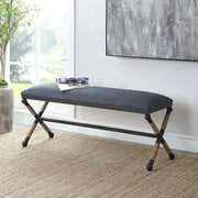 Uttermost Firth accent bench with wooden top and metal legs, modern design for entryway or living room decor.
