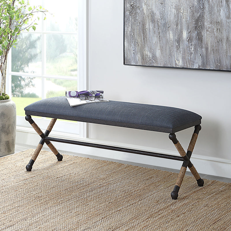 Uttermost Firth accent bench with wooden top and metal legs, modern design for entryway or living room decor.