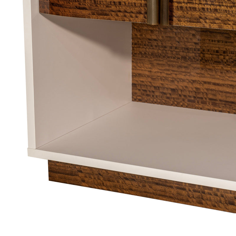 Michael Amini Pavira accent nightstand with sleek wood finish and modern design, featuring a drawer and open shelf.