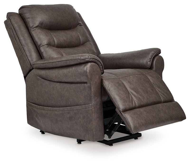 Signature Design by Ashley Power Lift Recliner in Oatman fabric, showcasing padded armrests and plush seating for comfort.