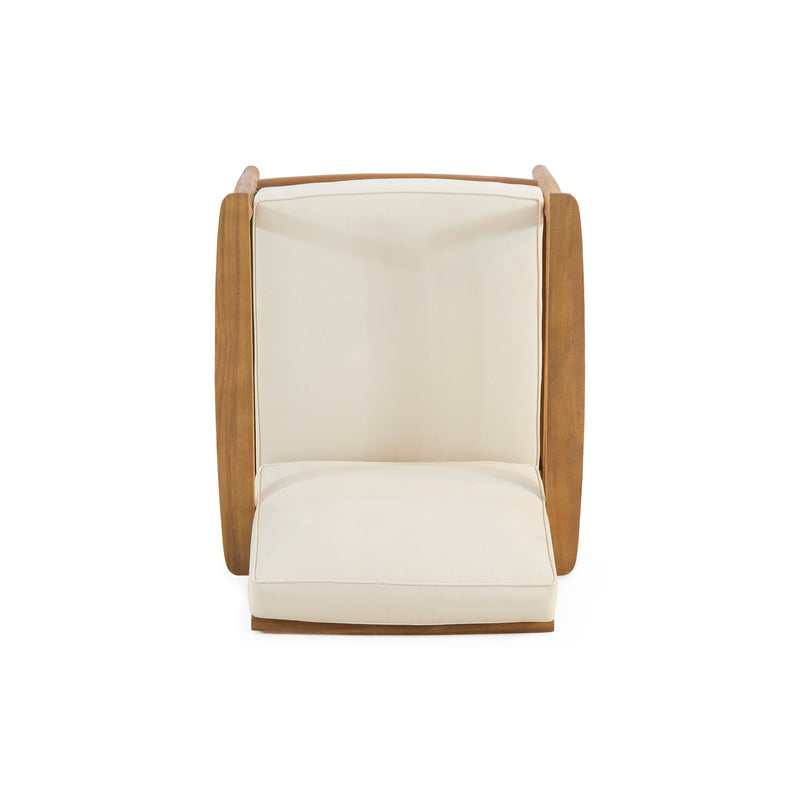 Noble House Emmry outdoor acacia wood club arm chair with cushioned seat and backrest for patio or garden seating.