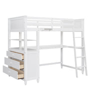 DreamHaus loft bed with integrated desk, drawers, and shelves, featuring a sturdy wood frame and ample storage space.