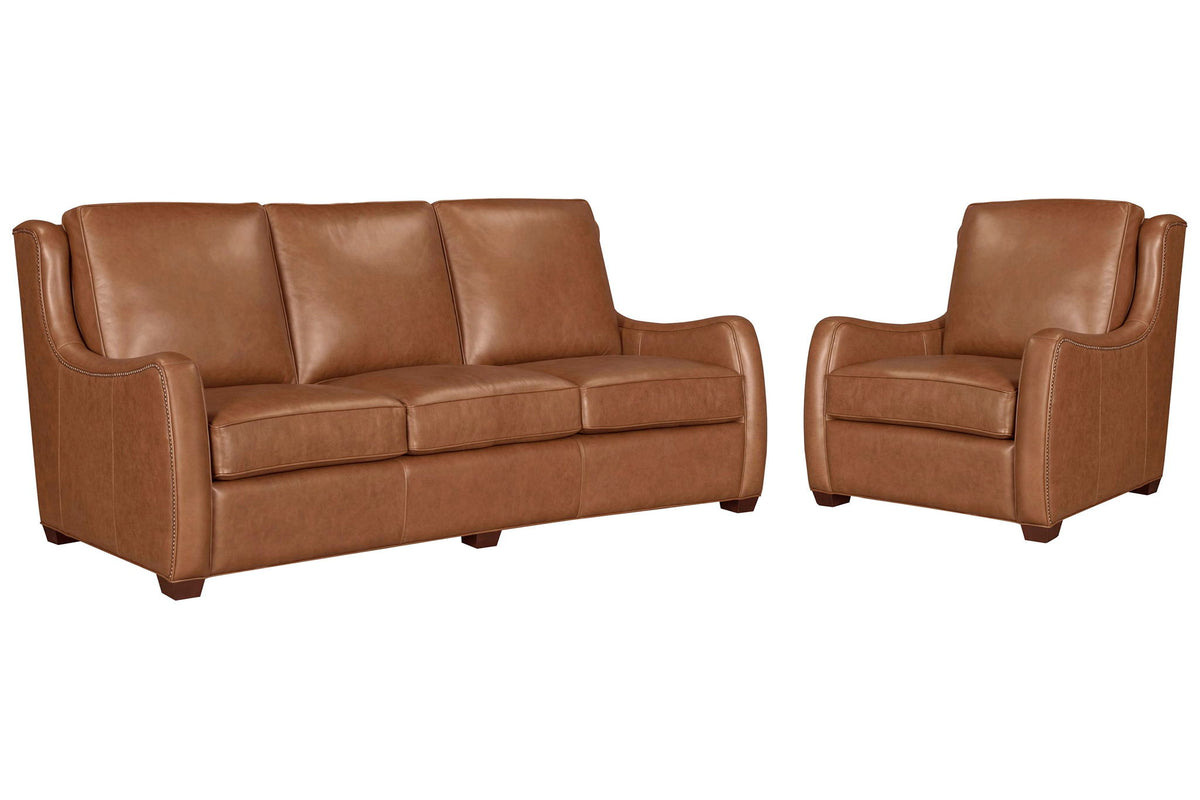 Parker Living Channing cinnamon leather 2-piece living room set with scroll arms and antique brass nail trim.