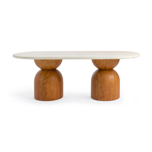 TOV Furniture Cynthia 87-inch indoor/outdoor brown dining table with travertine top, perfect for outdoor or indoor dining spaces.
