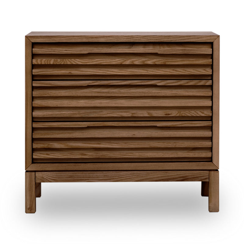 Modus Tanner three-drawer ash wood nightstand in Roux finish with sleek modern design and metal handles.