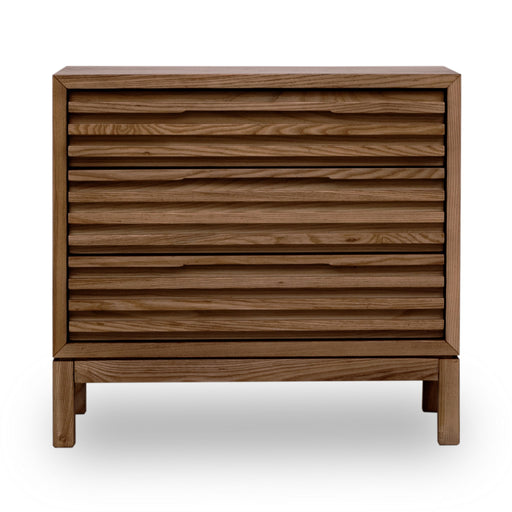 Modus Tanner three-drawer ash wood nightstand in Roux finish with sleek modern design and metal handles.