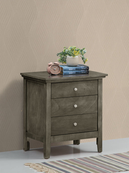 Glory Furniture accent nightstand with three drawers featuring dove-tailed joints and a smooth wooden finish.