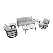 Life Outside 4-piece outdoor conversation set with chairs, bench sofa, tables, and Sunbrella cushions on patio.