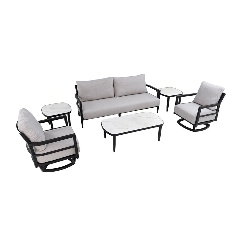 Life Outside 4-piece outdoor conversation set with chairs, bench sofa, tables, and Sunbrella cushions on patio.