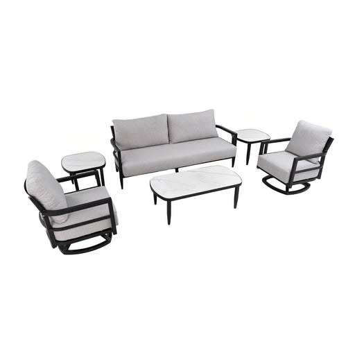 Life Outside 4-piece outdoor conversation set with chairs, bench sofa, tables, and Sunbrella cushions on patio.
