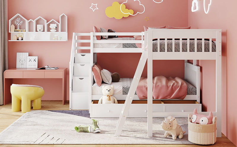 Solid L Shaped Bunk Bed With 3 Drawers, Ladder And Staircase - R&R Furniture Gallery (Fountain Valley, CA)