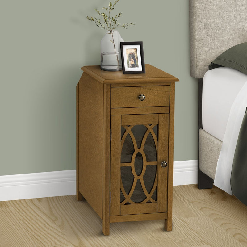 8th Street taupe accent side table with storage drawer, traditional style, showing the top surface and drawer design.