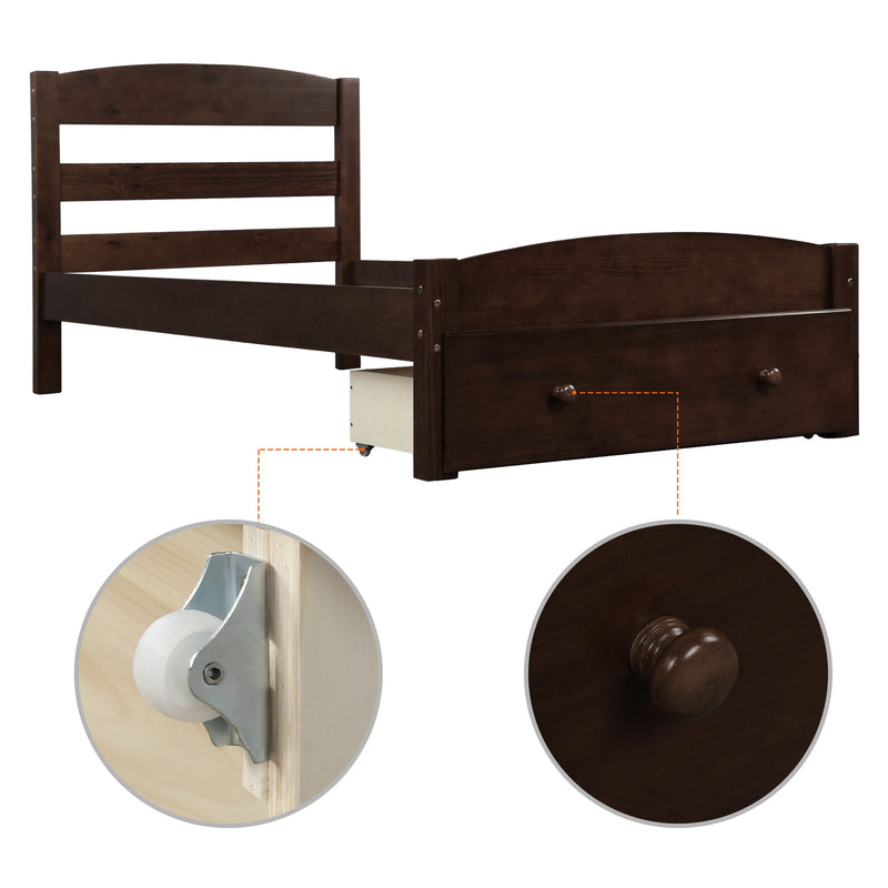 DreamHaus storage platform bed frame with wood slats and built-in drawers, no box spring needed, in a modern bedroom setting.