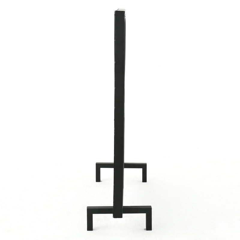 Noble House Thayer single panel iron fireplace screen with geometric design, featuring black metal and decorative cutouts.