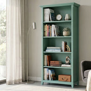 Handcrafted Amherst 5 Shelf Bookcase by Simpli-Home with dark wood finish and spacious open shelves for storage and display.