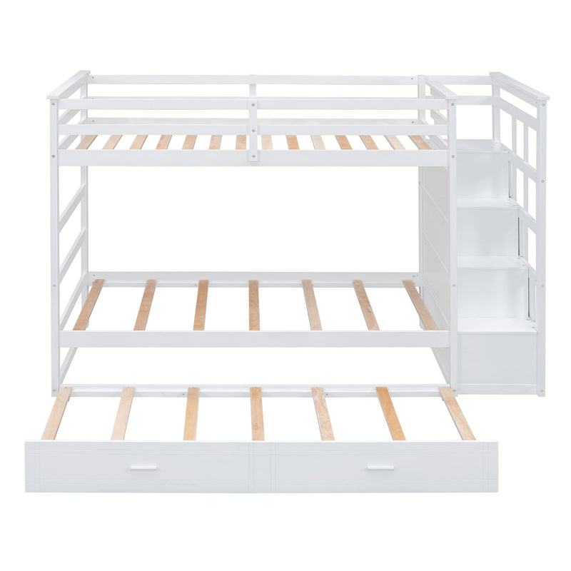 White DreamHaus twin over twin bunk bed with staircase and trundle, featuring a sturdy frame and convenient storage options.