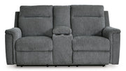 Signature Design by Ashley Barnsana double power reclining loveseat with built-in console, fabric upholstery, and plush cushioning.