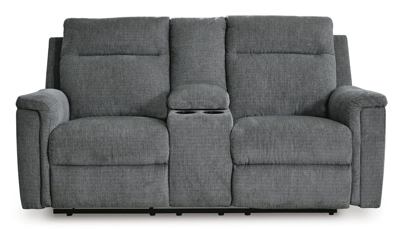 Signature Design by Ashley Barnsana double power reclining loveseat with built-in console, fabric upholstery, and plush cushioning.