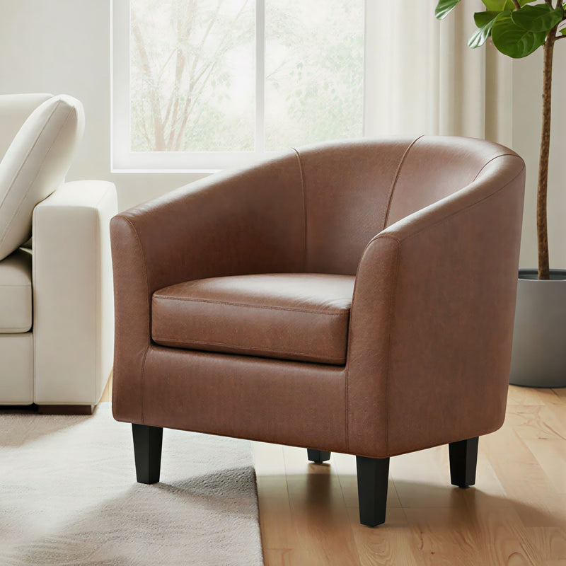 Simpli-Home Austin handcrafted arm chair with plush fabric upholstery and wooden legs, modern and stylish for living room seating.