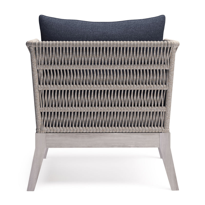 Slate gray Santiago outdoor arm chair by Simpli-Home, featuring a stylish and comfortable design for outdoor conversation spaces.