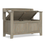 Simpli-Home Amherst small transitional entryway storage bench with cushioned seat and wooden legs, ideal for shoe storage.