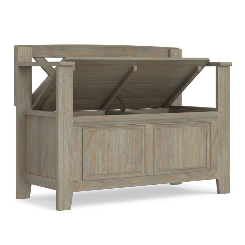 Simpli-Home Amherst small transitional entryway storage bench with cushioned seat and wooden legs, ideal for shoe storage.