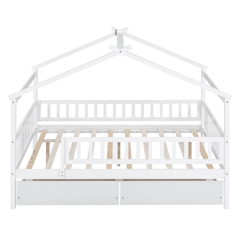 DreamHaus house bed with built-in storage drawers, children's storage bed with cozy house-shaped frame and functional under-bed drawers.