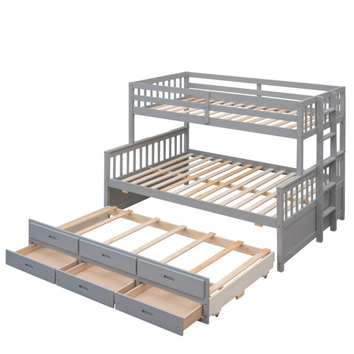 DreamHaus bunk bed with twin size trundle and built-in drawers, featuring a sturdy wooden frame and space-saving design.