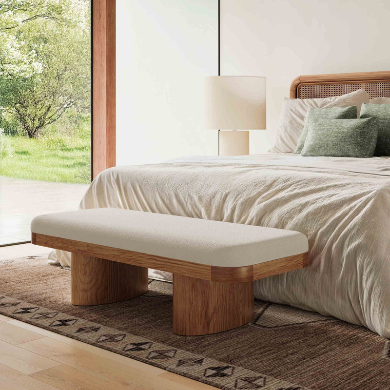 Upholstered Ollie bench by TOV Furniture featuring soft fabric upholstery and a sleek modern design.